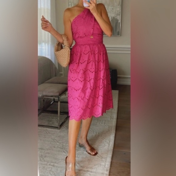 French Connection Appelona One Shoulder Cut-Out Midi Dress Pink Eyelet NWOT - Picture 4 of 16